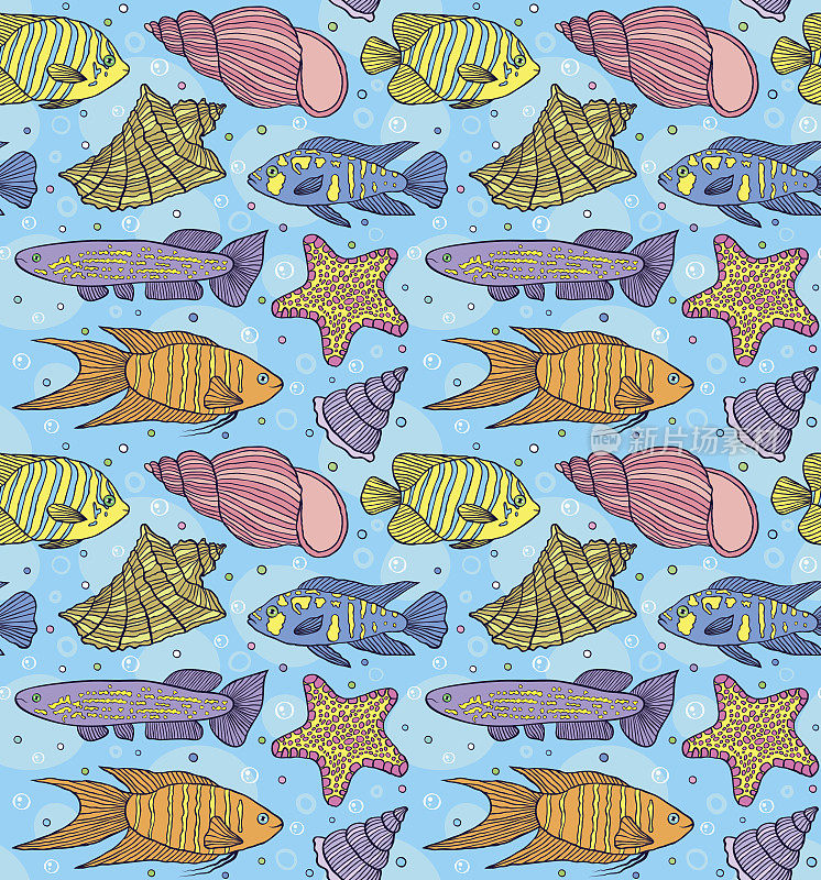 pattern with fish esand shells.